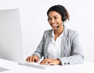 Smiling customer service representative uses computer headset, providing assistance.