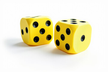 Two Yellow Dice with Black Spots on a White Background Offering a Game of Chance and Strategy for Board Games and Gambling Activities
