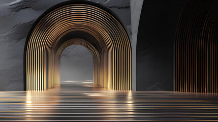 3d illustration of abstract minimal architecture background, geometric architectural with chrome or metallic arch design Stock Illustration