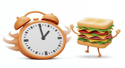 Animated alarm clock and sandwich illustration representing time and food