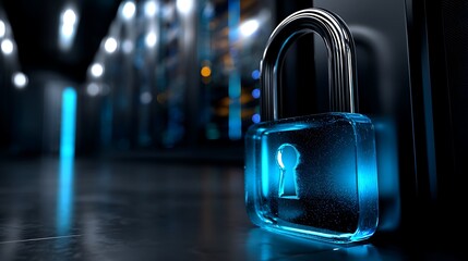 A glowing blue holographic padlock floats in the center of a dark server room. The padlock is closed and pulses with a soft light. 