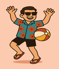 A fun young man dances joyfully in a teal tropical shirt and shades, raising his arms with a big smile. His pose pops with energy against a pastel peach background.