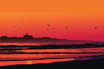 Fototapeta premium Victoria Falls silhouette with sunset and flying birds