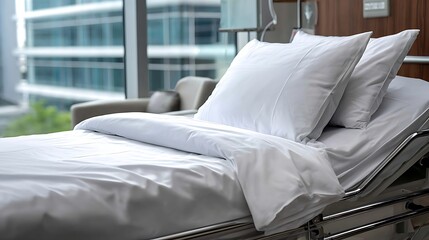 An empty, modern hospital bed with impeccably crisp white linens, in a clean, private hospital room brightly lit by window light. 
