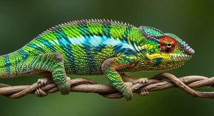 Obraz premium Colorful Green Blue Red Chameleon Resting on Twisted Branch in Natural Environment
