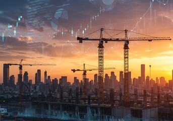 City Construction Boom with Financial Growth Overlay at Sunset