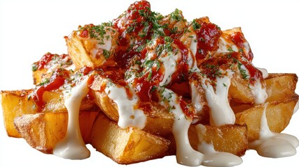 Pile of crispy potato wedges drizzled with creamy sauce and ketchup. Perfect image for food bloggers or restaurant menus for side dishes.