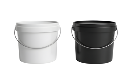 Modern white and black paint buckets with handles for construction and design projects