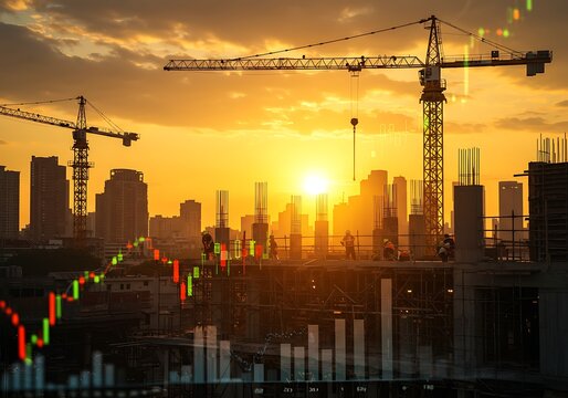 Construction Site at Sunset with Financial Market Overlay
