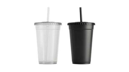 Modern clear and black disposable cups with straws, ideal for beverages and branding