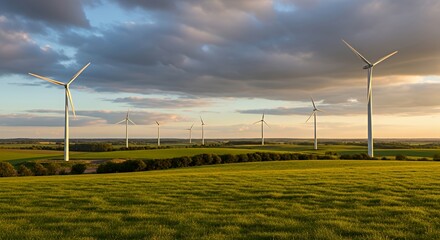 Wind Turbines in Green Field Under Dramatic Cloudy Sky During Sunset