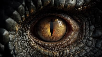 Hyperrealistic extreme closeup of tyrannosaurus rex eye with amber iris - Powered by Adobe