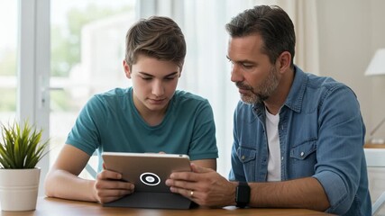 A father and his teenage son sit together at a table, looking at a tablet and engaging in conversation, symbolizing family bonding and learning - Powered by Adobe
