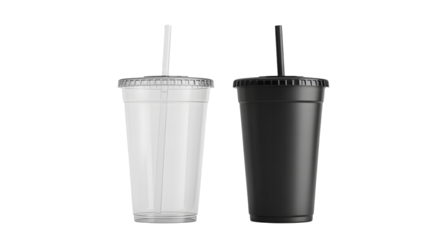 Modern clear and black disposable cups with straws, ideal for beverages and branding - Powered by Adobe