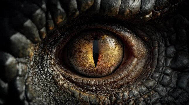 Hyperrealistic extreme closeup of tyrannosaurus rex eye with amber iris