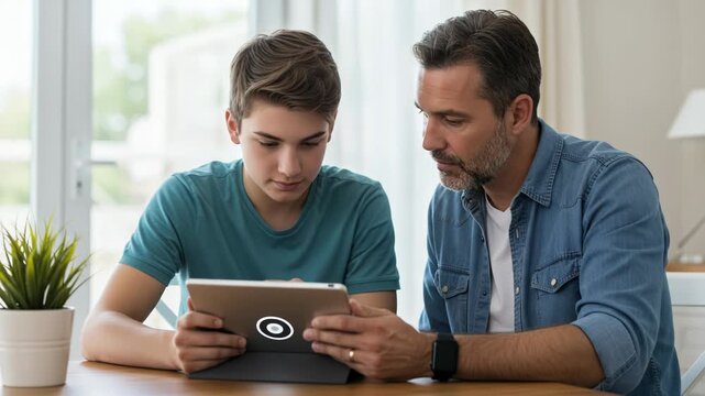 A father and his teenage son sit together at a table, looking at a tablet and engaging in conversation, symbolizing family bonding and learning - Powered by Adobe