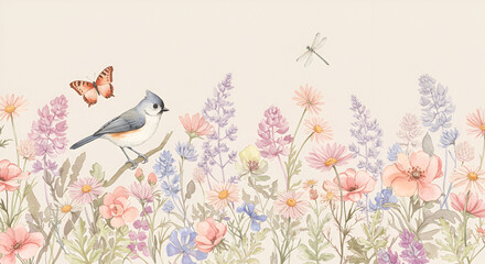 Naklejka premium Watercolor illustration featuring a bird perched among wildflowers and flying insects