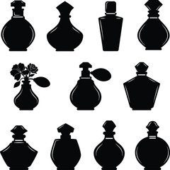 Black silhouette vector set of elegant perfume and cologne bottles. A stylish collection of fragrance icons for cosmetics, beauty, and luxury brand designs on a white background.
