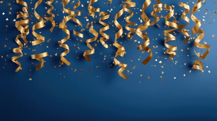 Eye-catching promotional poster using golden confetti against a navy blue background, centered open space for bold marketing message