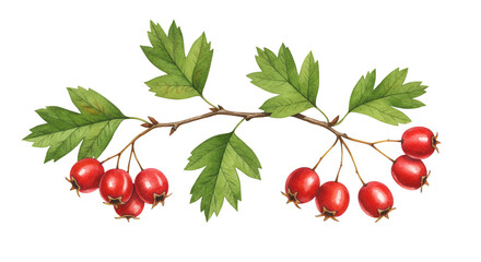 Watercolor illustration showcasing vibrant hawthorn branch with leaves and berries