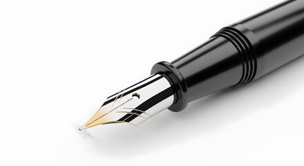 Naklejka premium Close-up of a black fountain pen nib, showing the intricate details and gold tip against a white background.