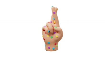 Isolated hand figurine with crossed fingers and colorful polka dots on white background
