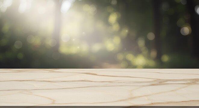 Meja Marmer Kosong Dengan Latar Belakang Alam Hutan Hijau Sinar Matahari