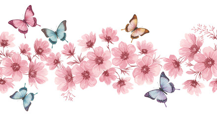 Watercolor pink flowers and butterflies, delicate floral arrangement illustration