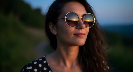 Fototapeta premium Close up portrait of a woman wearing round sunglasses outdoors at sunset with blurred background