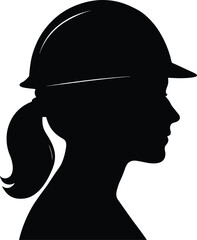 A simple, solid black silhouette of a woman's profile wearing a hard hat  vector