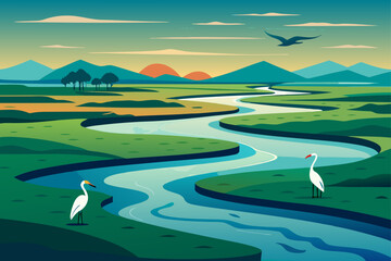Serene landscape with winding river and egrets under a colorful sky