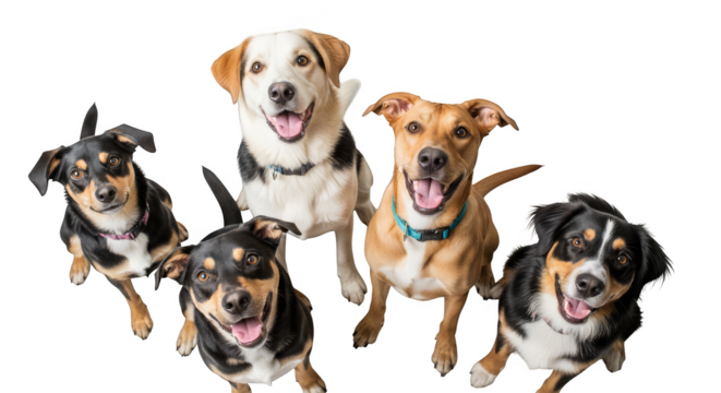 Eager panting dogs pose on black