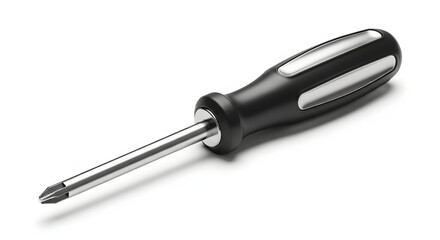 A close-up studio shot of a black and silver Phillips head screwdriver.