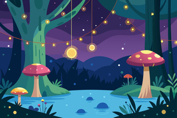 Enchanted forest at night with glowing mushrooms and fairy lights
