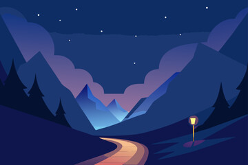 Stylized mountain landscape at night with a winding road and lamp