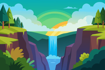 Vibrant flat design waterfall landscape with rainbow and lush greenery
