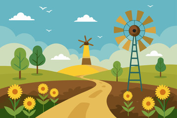 Idyllic countryside scene with windmills and sunflowers