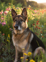 Pastor Alem&atilde;o em campo florido ao entardecer