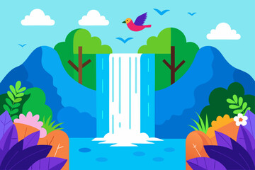 Vibrant flat design waterfall scene with bird and lush foliage