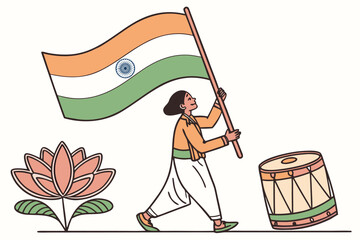 Woman holding Indian flag with lotus flower and traditional drum