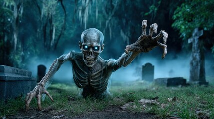 Fototapeta premium Dark fantasy photography, wide-angle shot of a wraith standing on the right side of the image, its ethereal form dissolving into mist, hollow eyes staring, background of a fog-shrouded graveyard with