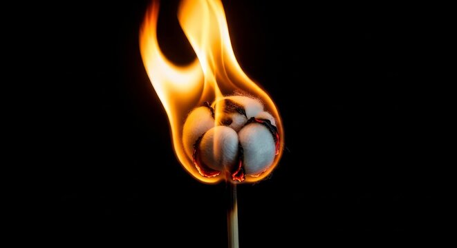 Burning Cotton Boll on Matchstick - A close-up shot of a cotton boll ablaze on the end of a matchstick against a black background