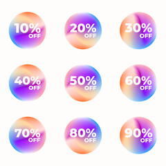 SET SALE TAG BADGE TEMPLATE GRADIENT COLOR DESIGN. OFFER WITH DIFFERENT DISCOUNT FROM 10, 20, 30, 40, 50, 60, 70, 80, 90 PERCENT OFF.MODERN DESIGN VECTOR FOR YOUR BUSINESS