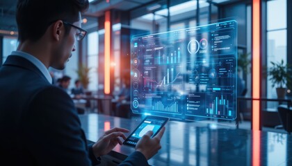 Innovative financial analysis on digital interface with businessman using tablet