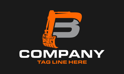 Letter B Arm Excavator Rake, Folding Rake logo template vector. Heavy equipment logo vector for construction company.