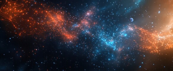 Fototapeta premium Abstract image of a astronavt in the form of a starry sky or space, consisting of points, lines, and shapes in the form of planets, stars and the universe. 3D Render illustration space wireframe