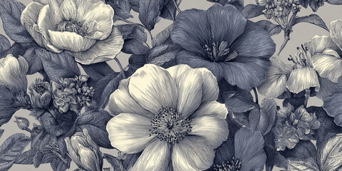 seamless vintage floral pattern, botanical engraving style, intricate hand-drawn flowers, monochrome ink linework, antique design, repeat background