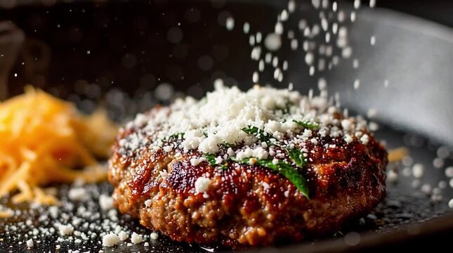 Keto friendly ready meal. Cheese-topped beef patty with herbs and shredded cheddar.