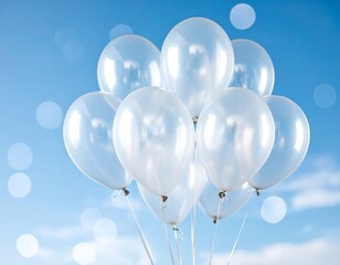 A cluster of translucent white balloons floats against a bright blue sky, bokeh effects add depth