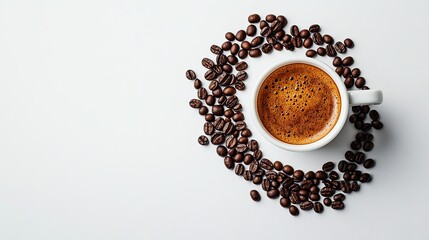 A creative flat lay of a coffee cup and coffee beans arranged in a spiral, on a plain white backdrop.